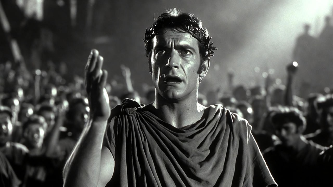 Marlon Brando as Mark Antony in the funeral speech scene from the 1953 Julius Caesar film adaptation