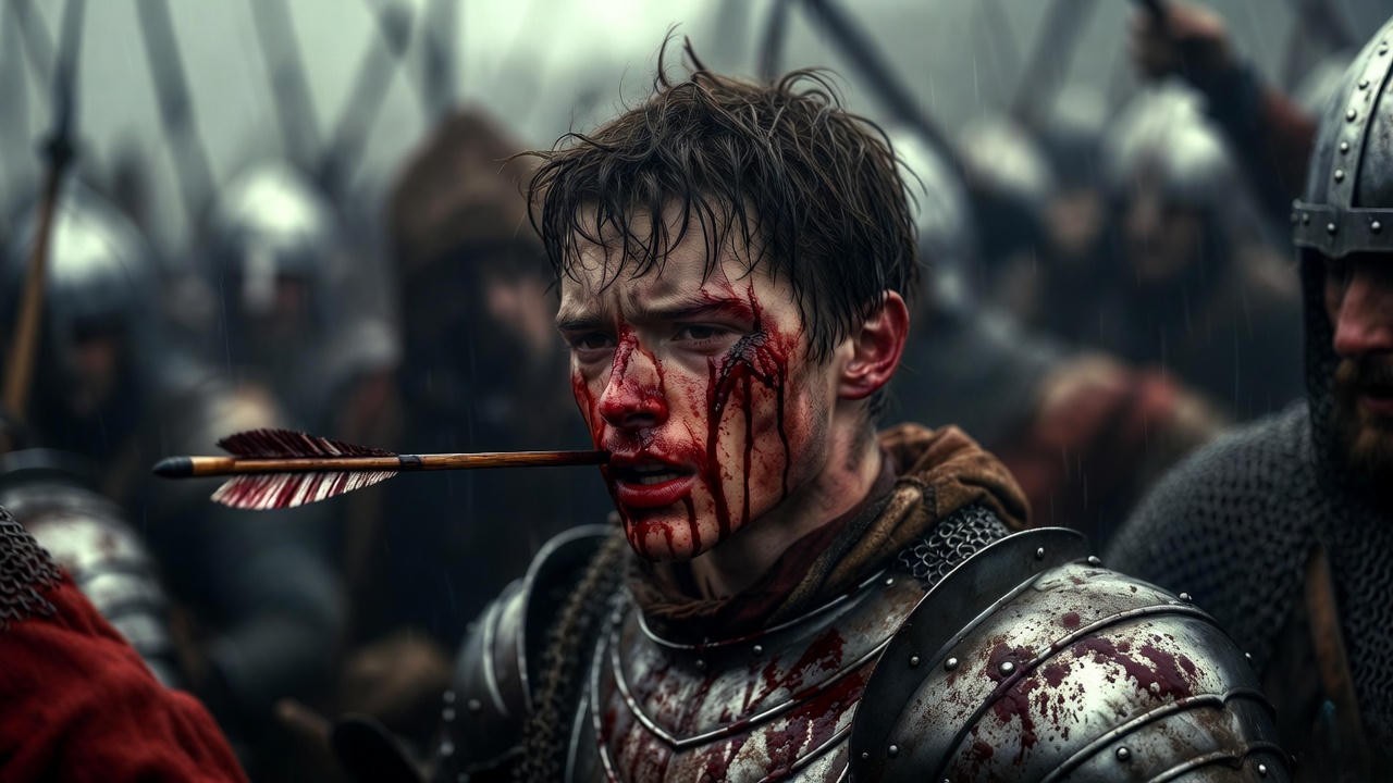 Prince Henry receiving a severe arrow wound to the face at the Battle of Shrewsbury, a pivotal moment in the real Henry V's life per Dan Jones