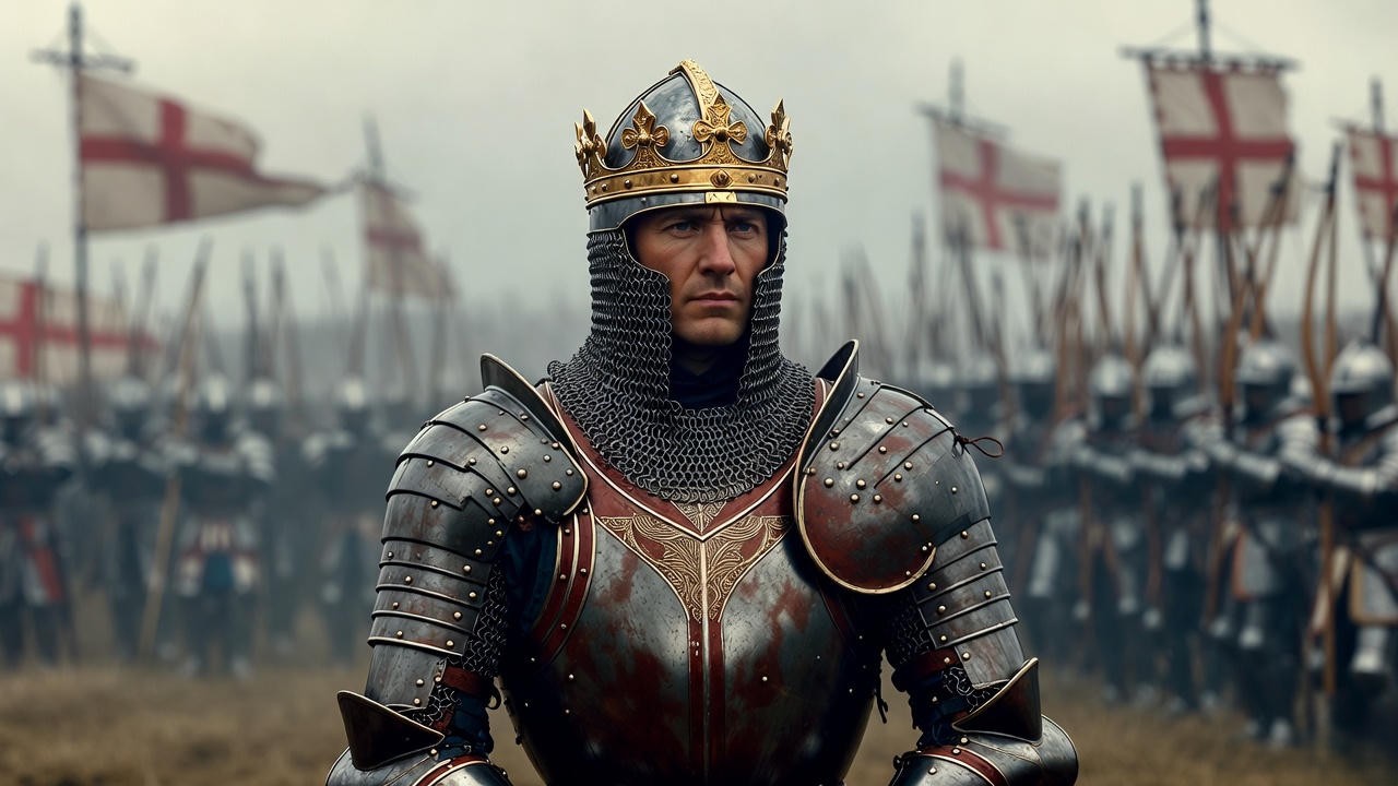King Henry V in full medieval plate armor on the battlefield, representing the historical warrior king from Dan Jones's Henry V biography
