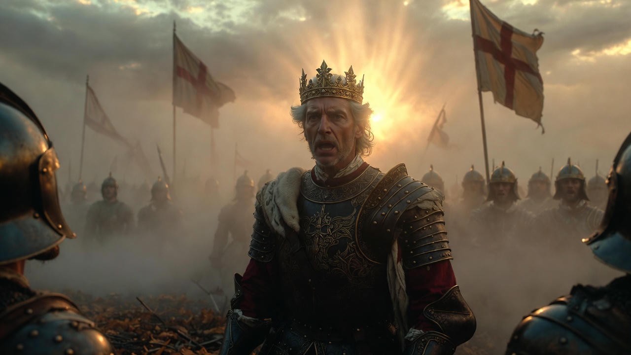 Dramatic portrayal of Shakespeare's heroic Henry V rallying his troops, contrasting the legendary myth with historical reality