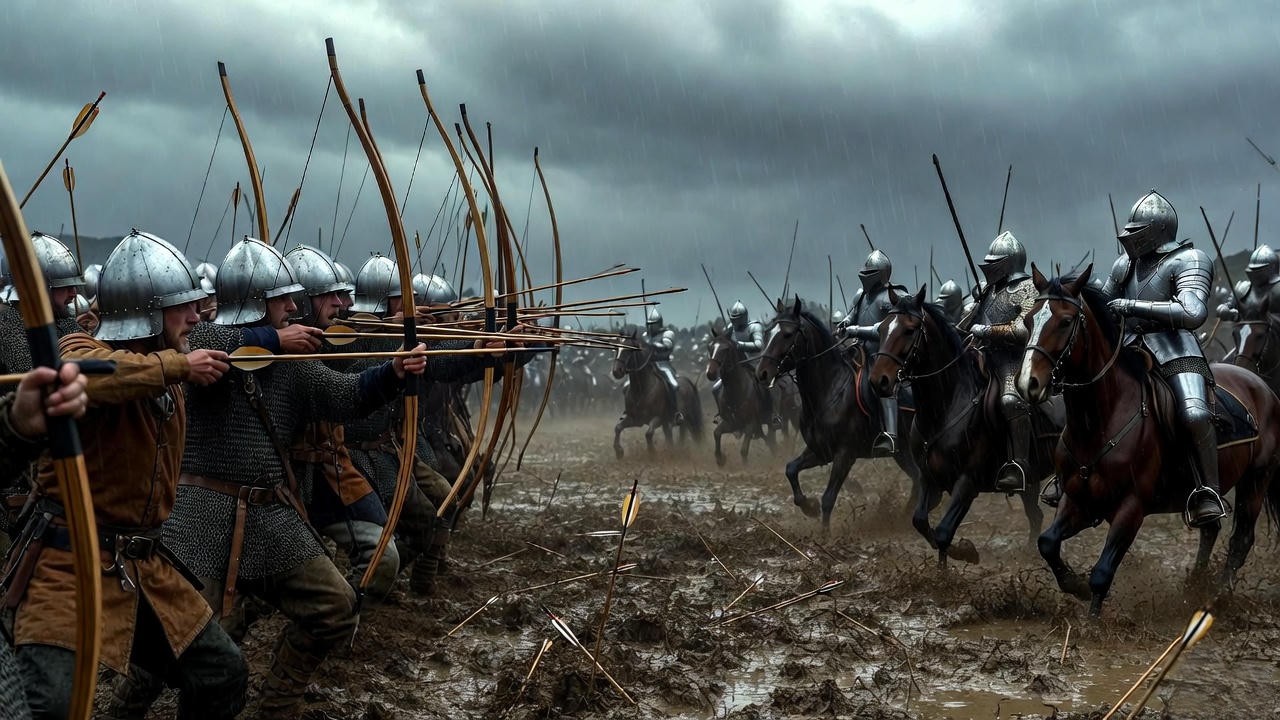 Historical depiction of the Battle of Agincourt 1415 with English longbowmen dominating the muddy field against French knights