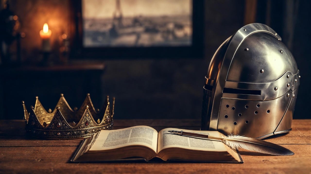 Symbolic image representing Dan Jones's biography of Henry V, blending medieval artifacts with historical scholarship