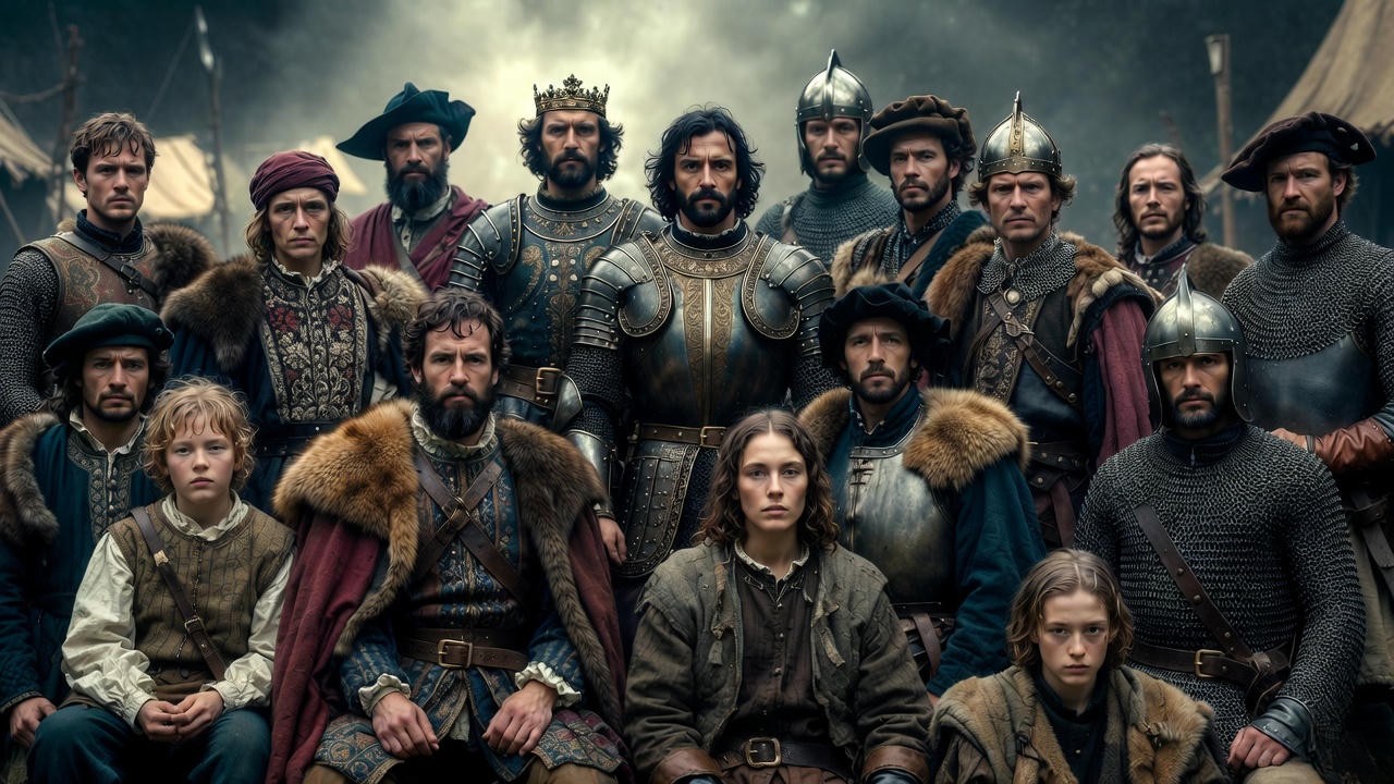Key characters from Shakespeare's Henry V including King Henry, nobles, soldiers, and Eastcheap companions.