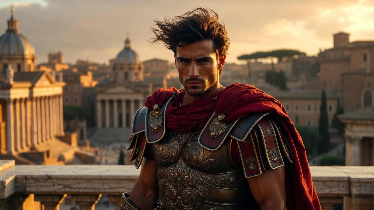 Mark Antony as a majestic Roman general in full military attire, symbolizing Roman virtus and imperial power