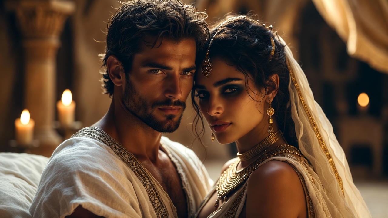 Antony and Cleopatra in a tender embrace, capturing their passionate and tragic love in Shakespeare’s play