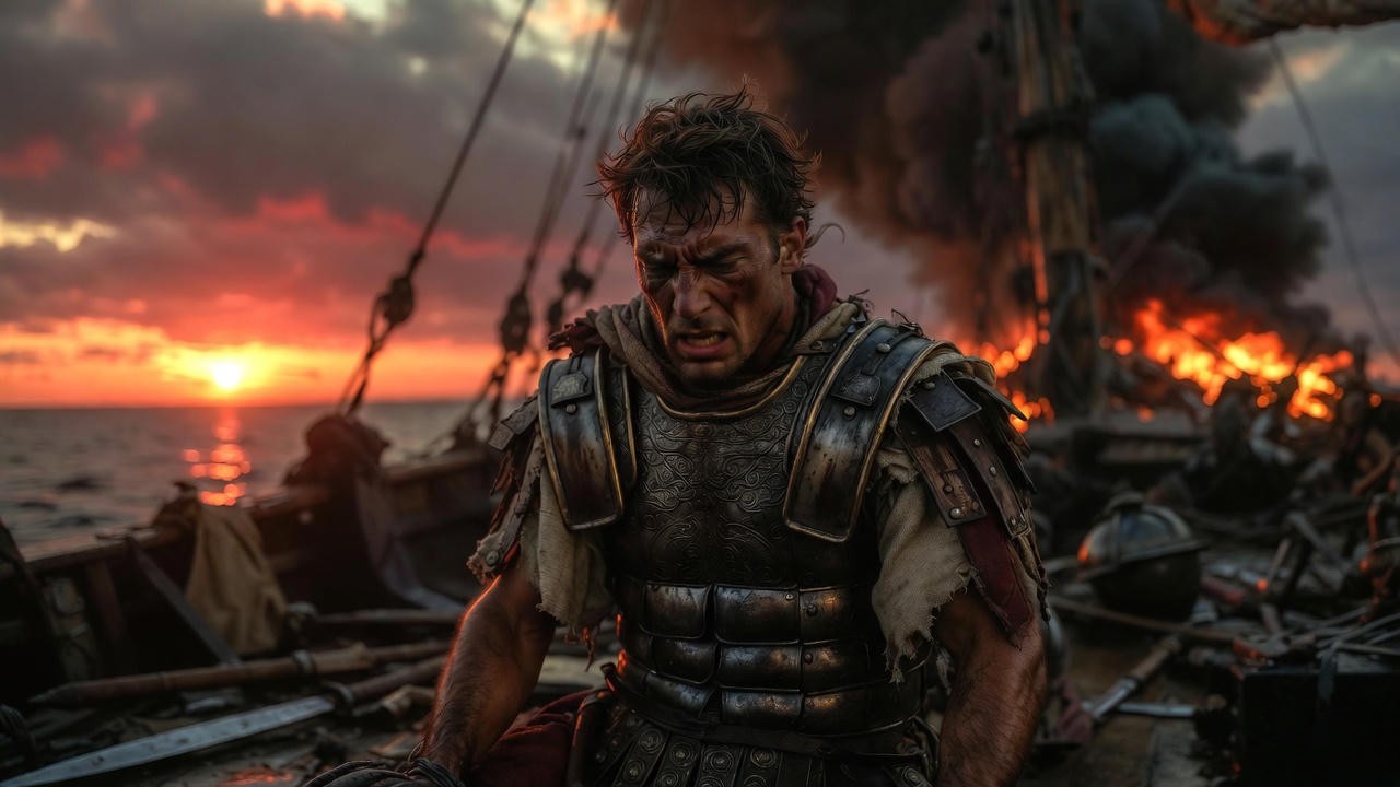 Mark Antony in despair after the Battle of Actium, symbolizing his tragic downfall and loss of empire