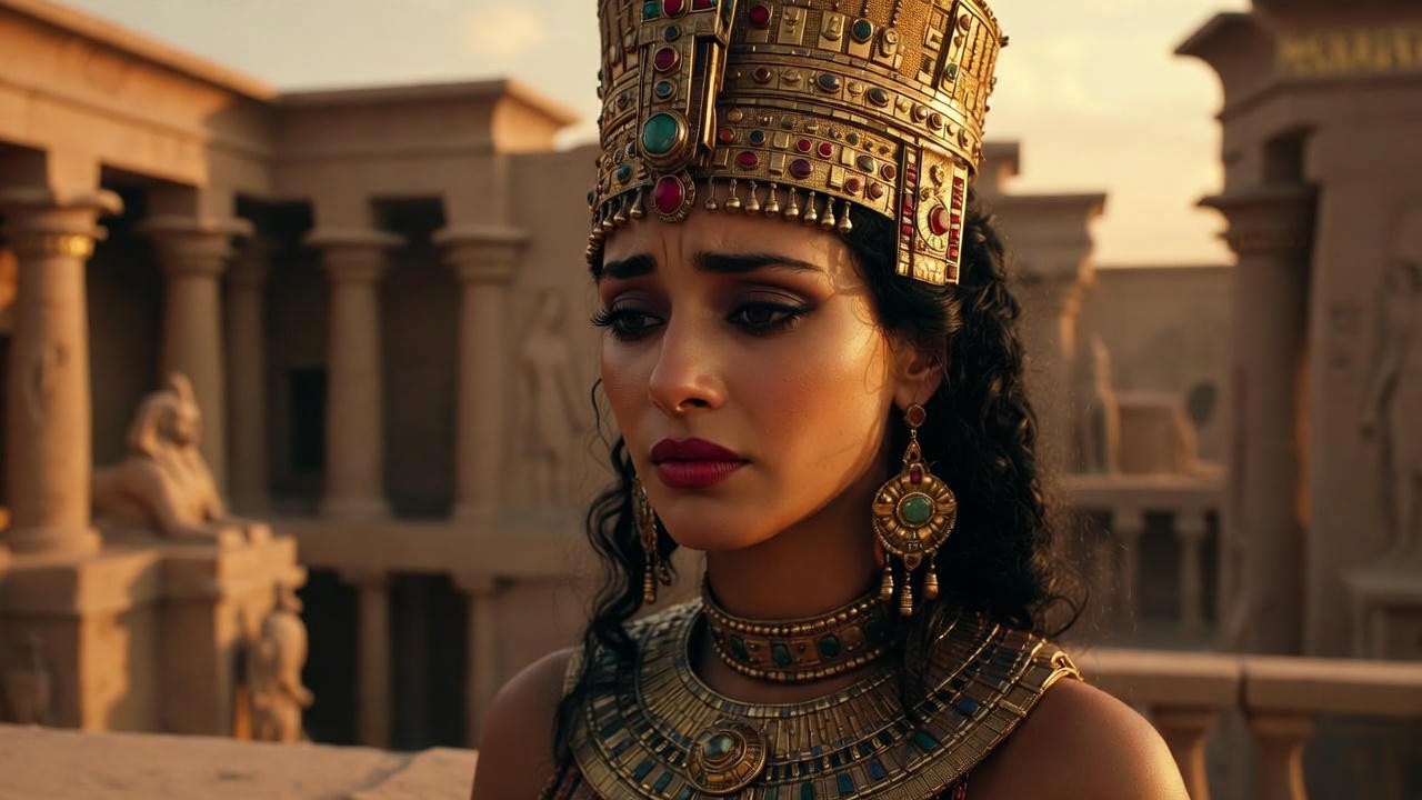 Cleopatra gazing with reverence, as she immortalizes Antony’s grandeur in her final tribute