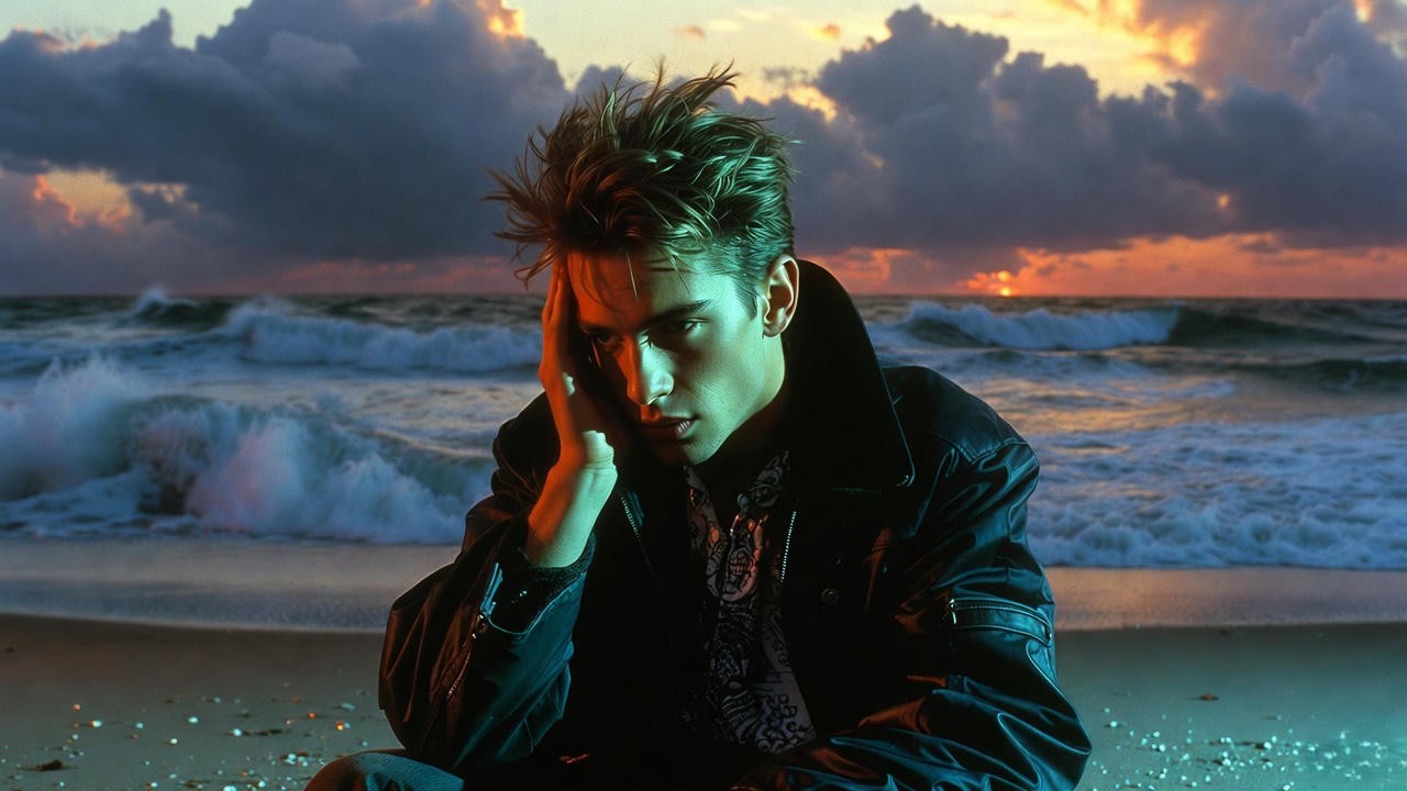 Melancholic modern Romeo on beach from Baz Luhrmann's Romeo + Juliet adaptation
