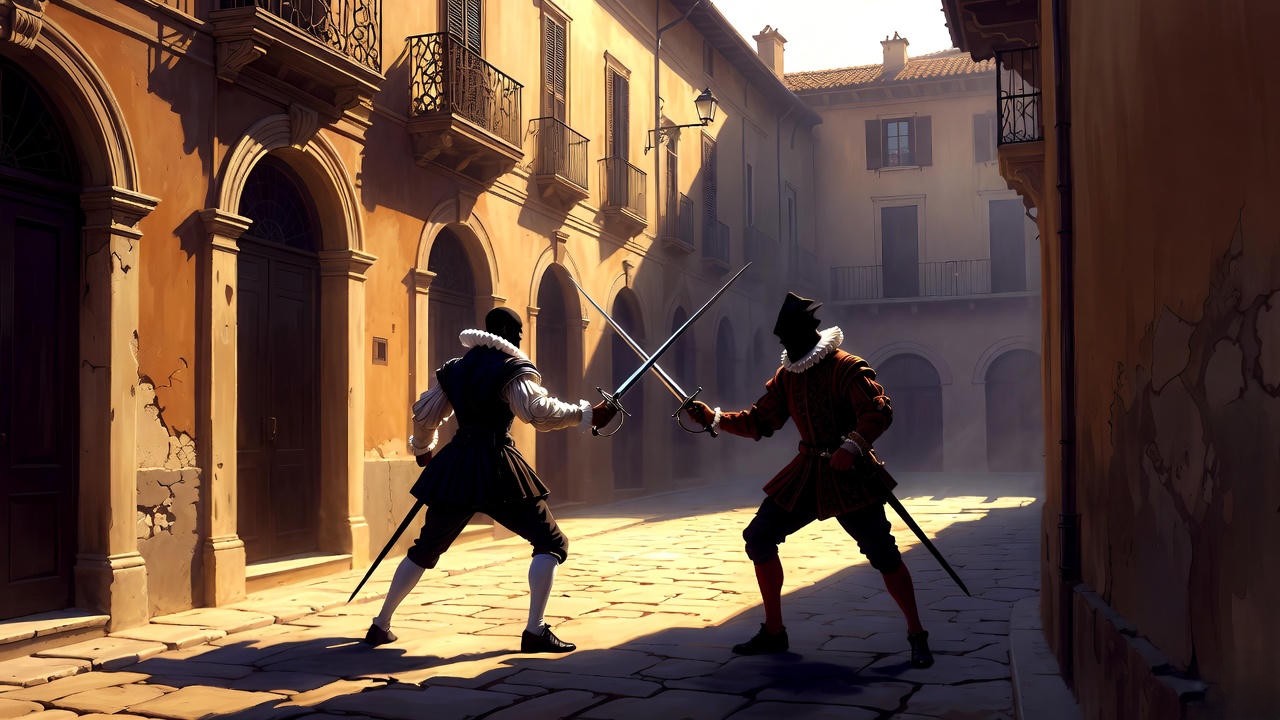 Renaissance Italian street duel depicting the violent feuds in Verona from Shakespeare's Romeo and Juliet.
