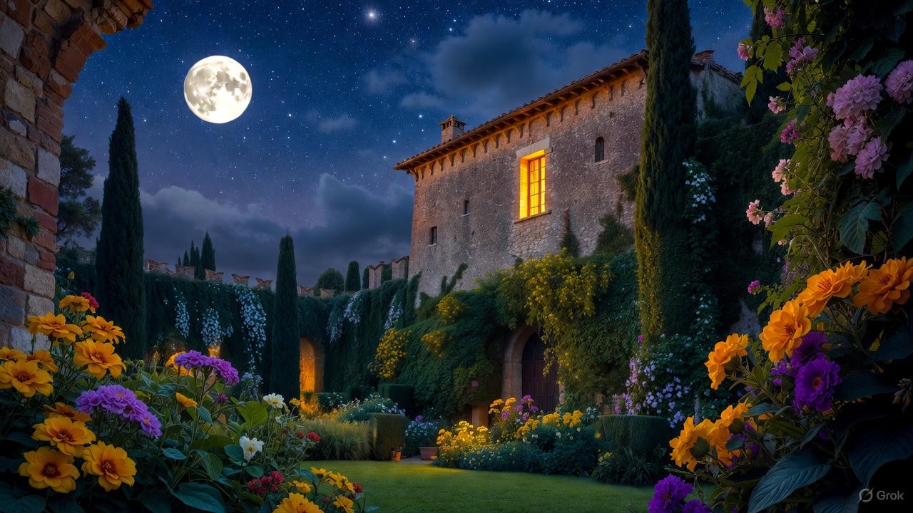 Moonlit garden and window in Verona representing the balcony scene setting in Romeo and Juliet.