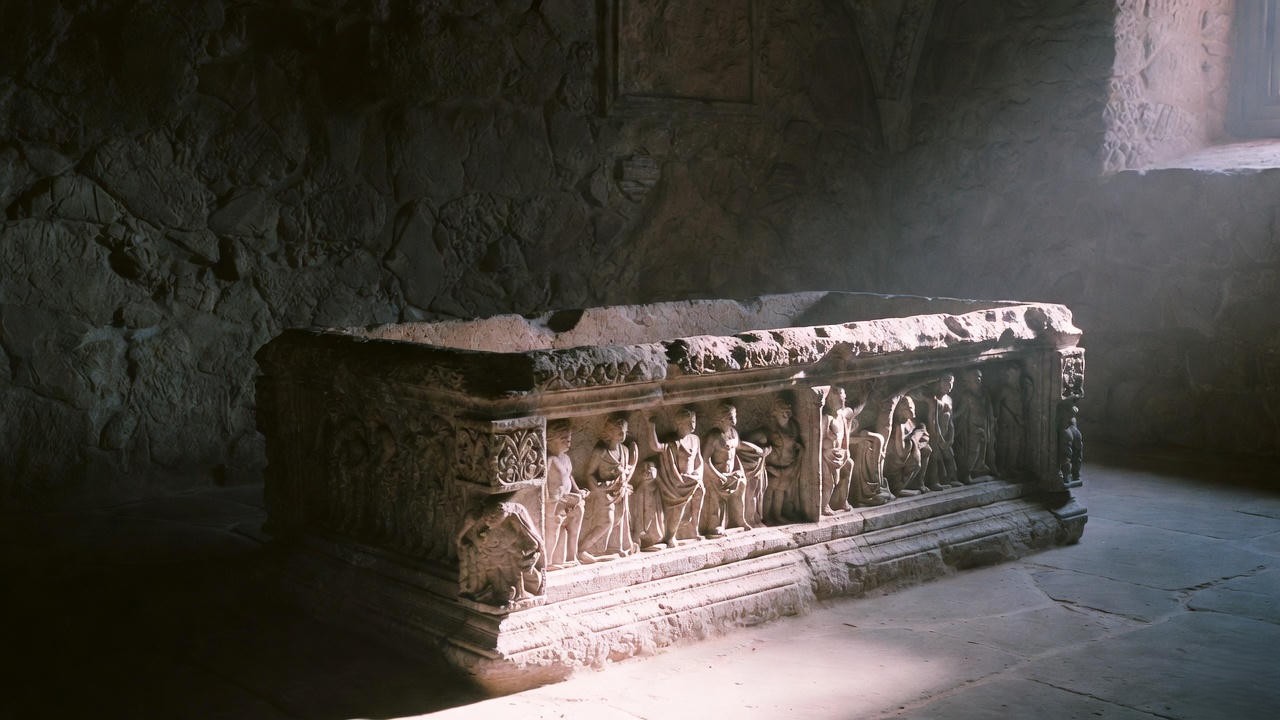 Ancient sarcophagus resembling Juliet's tomb in Verona, key to the tragic ending in Romeo and Juliet.
