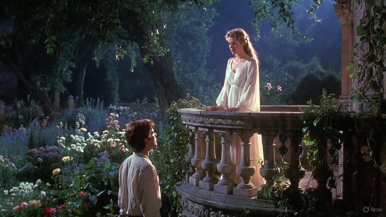 Balcony scene from Franco Zeffirelli's Romeo and Juliet film, capturing the romantic Verona garden setting.