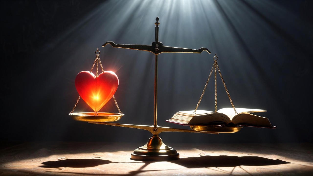 Balanced scales of justice with a heart and law book, symbolizing mercy in Texas Romeo and Juliet law for young romance.