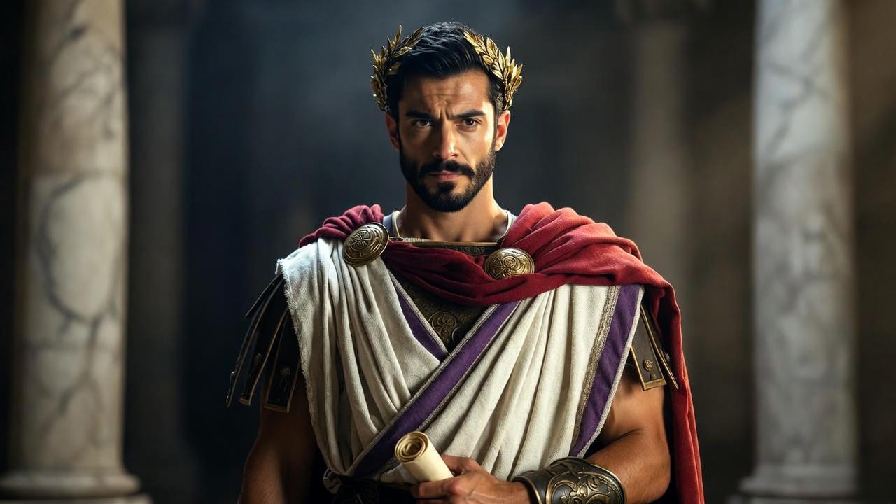 Julius Caesar costume featuring white toga, red cloak, and golden laurel wreath from Shakespeare-inspired designs