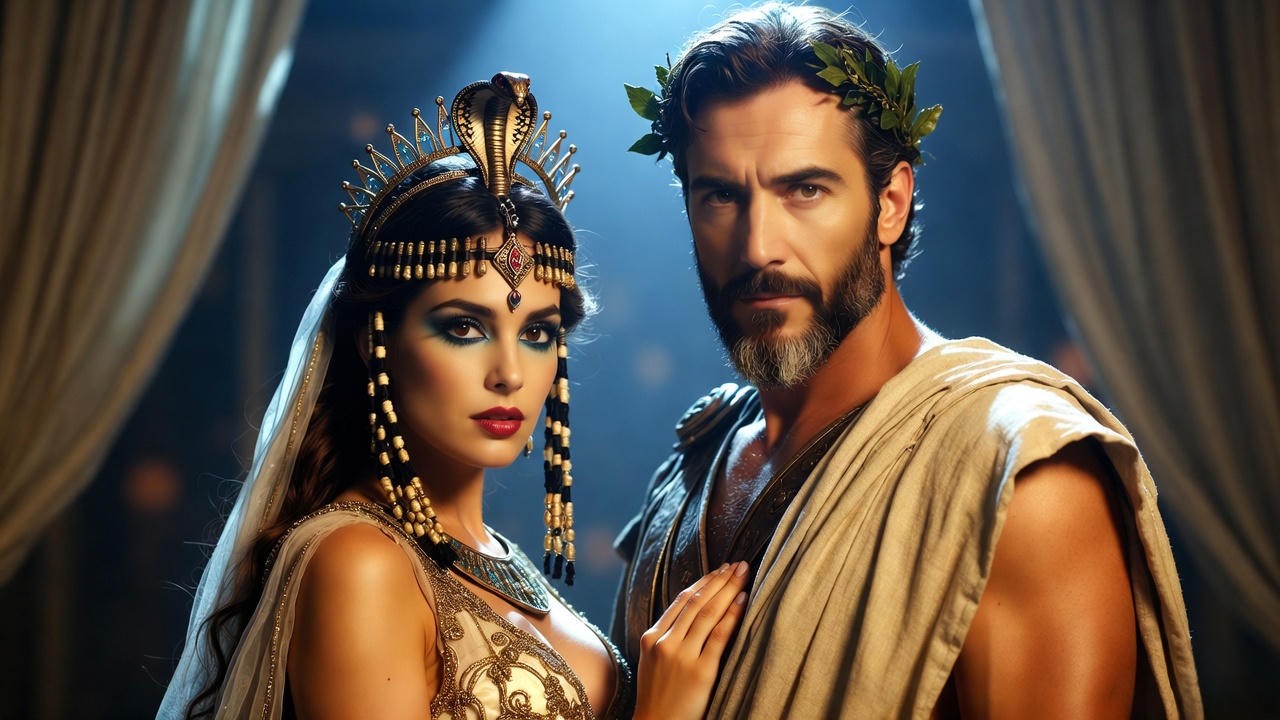 Posing tips for Cleopatra and Julius Caesar costume with theatrical stance and dramatic lighting