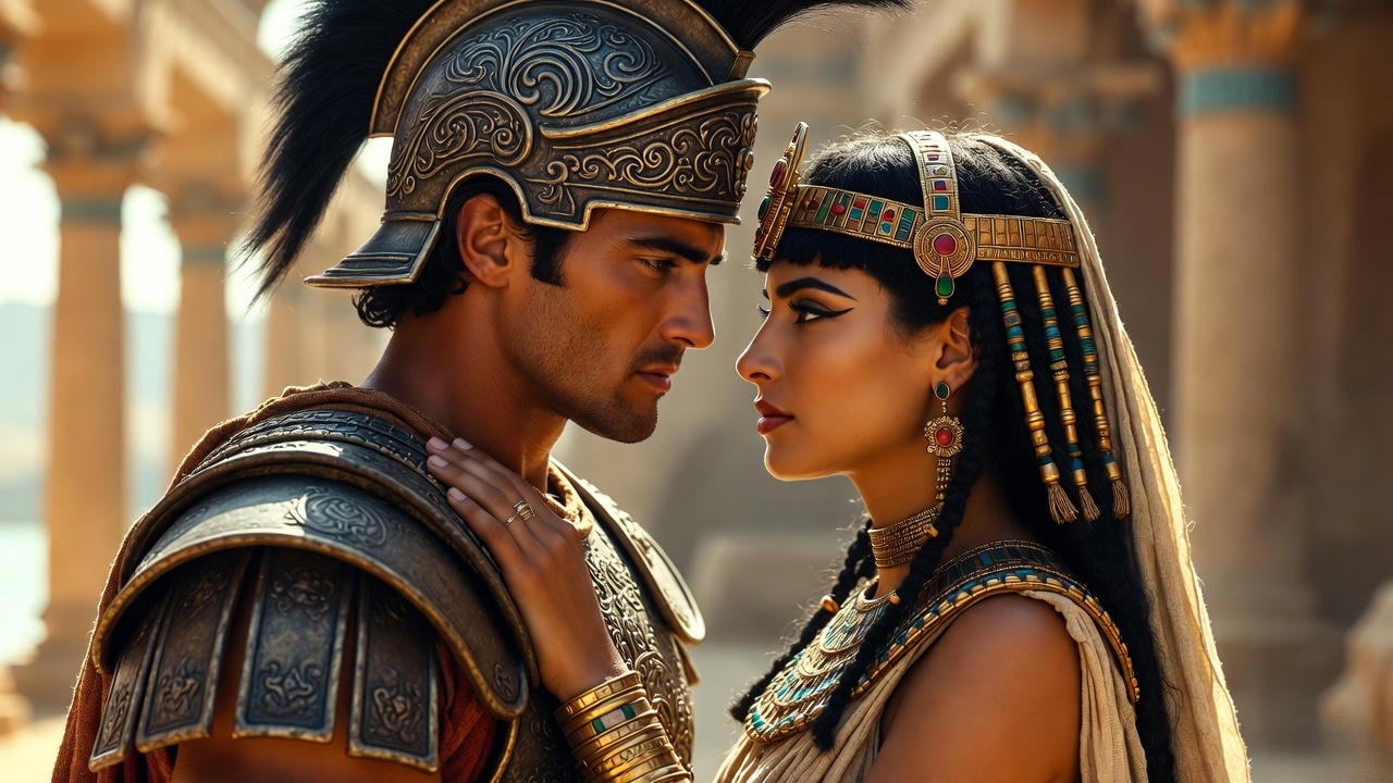 Mark Antony embracing Cleopatra, passionate love scene from Shakespeare's Antony and Cleopatra