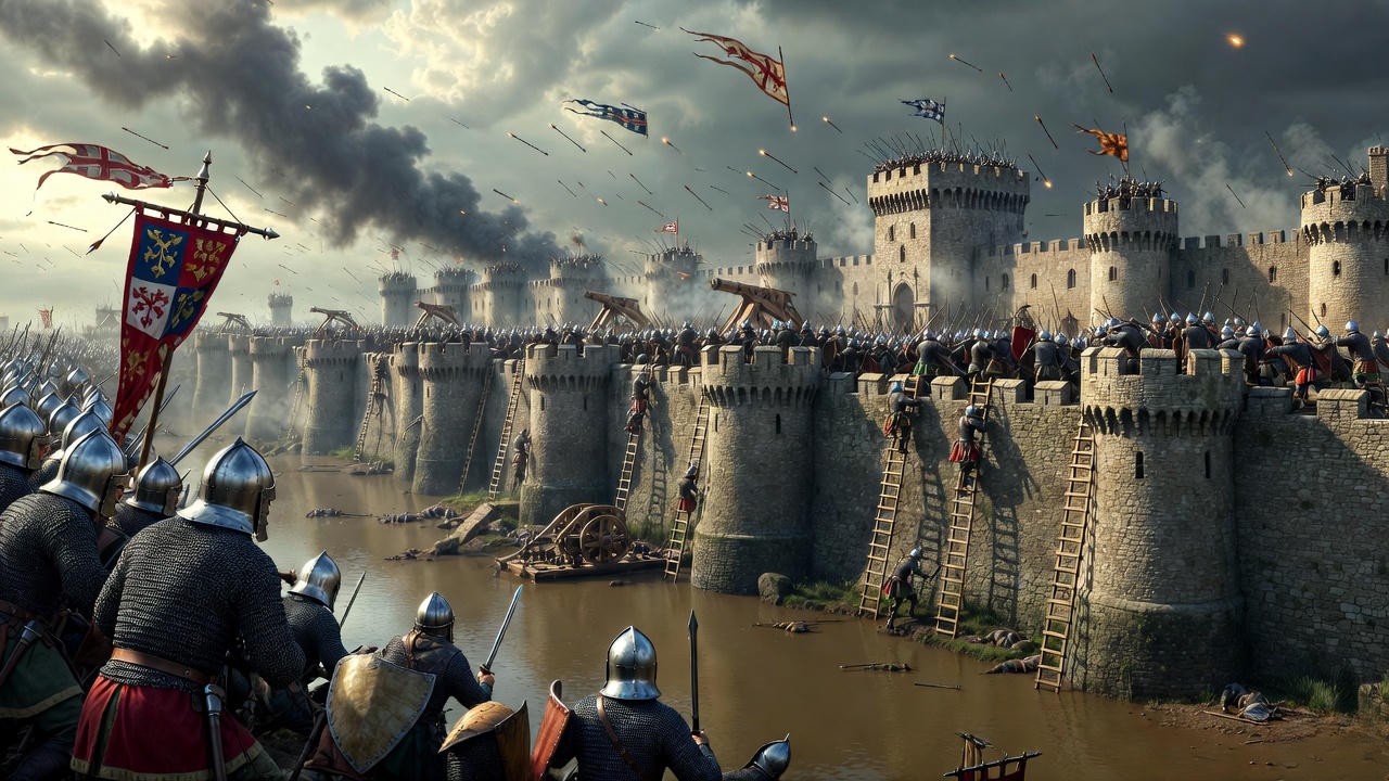 Siege of Harfleur in Shakespeare's Henry V, depicting the English assault on the French town.