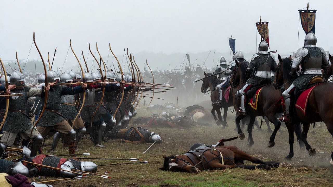 Battle of Agincourt scene from Henry V synopsis, showing English victory against French forces.