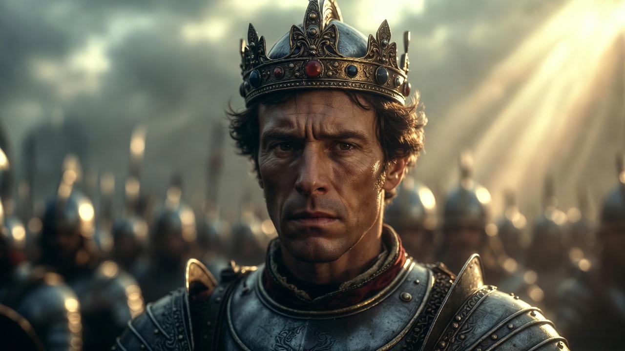King Henry V inspiring his army, illustrating his transformation and leadership in Shakespeare's play.