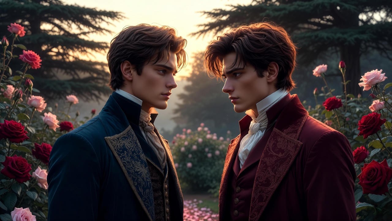Two noble alpha figures facing each other in a tense rose garden scene symbolizing forbidden love in Into the Rose Garden novel