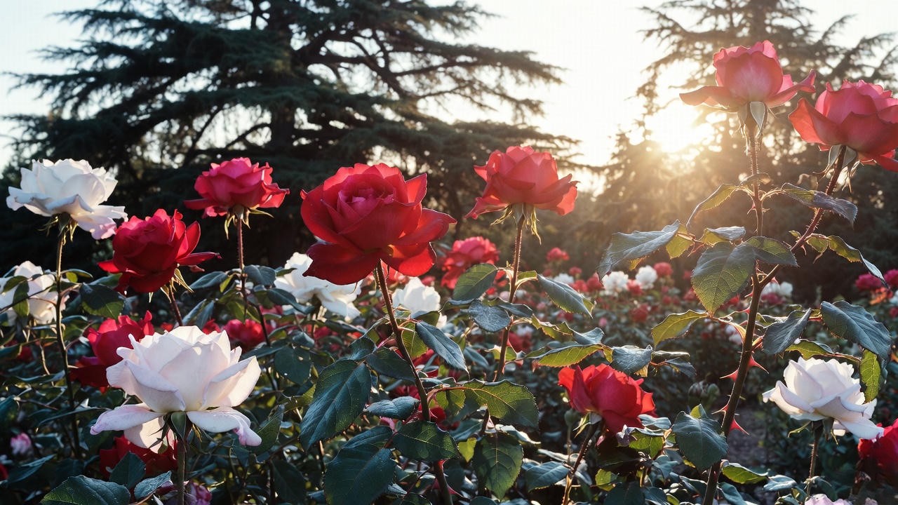 Close-up of blooming red and white roses with thorns in a garden, symbolizing beauty and pain in Into the Rose Garden