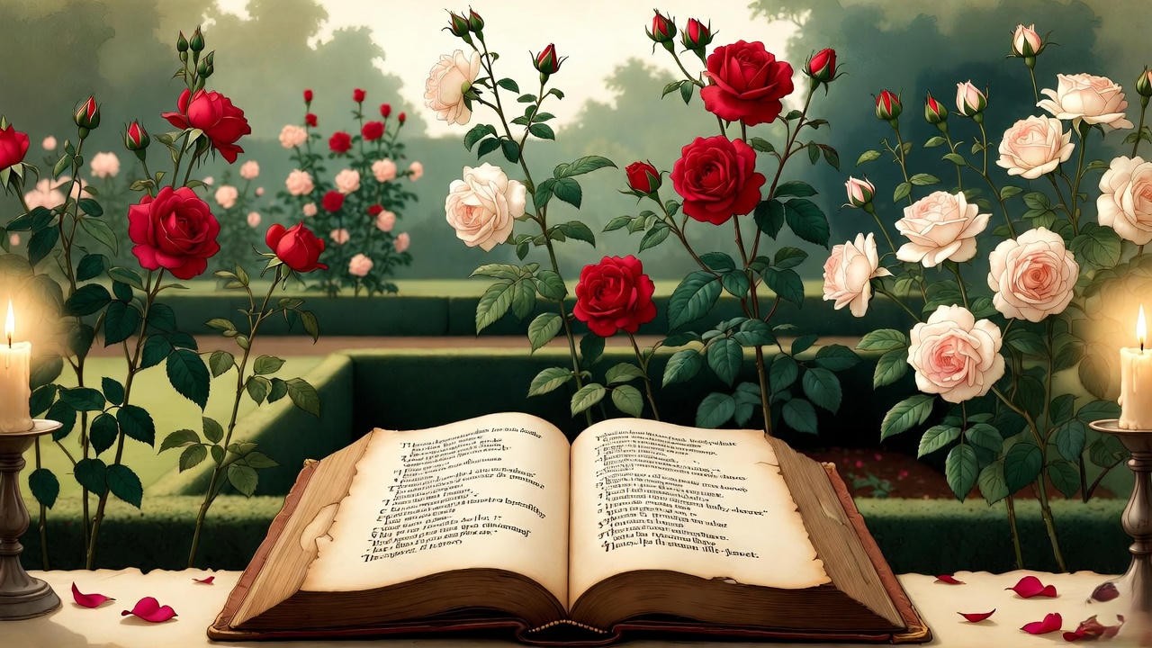 Vintage illustration of a Tudor rose garden with red and white roses, evoking Shakespearean symbolism