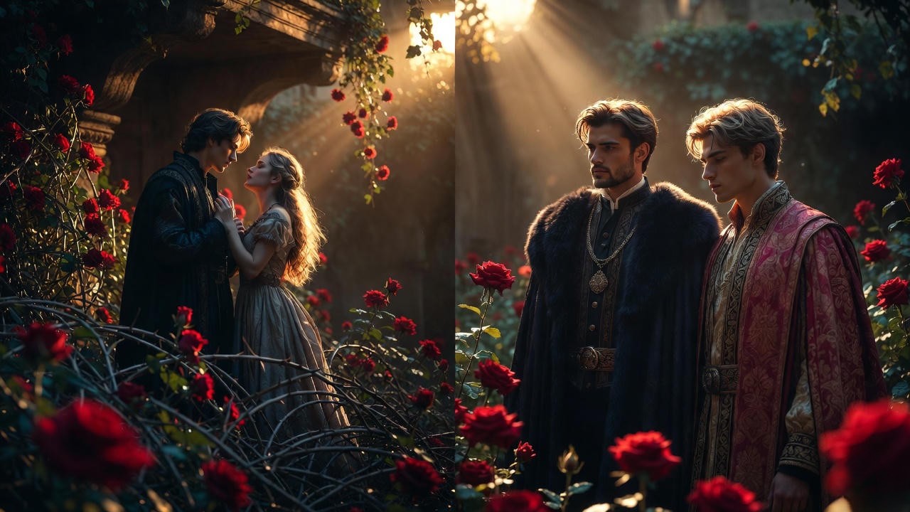 Parallel scenes of forbidden love: Romeo and Juliet balcony with roses beside modern BL noble figures in a rose garden