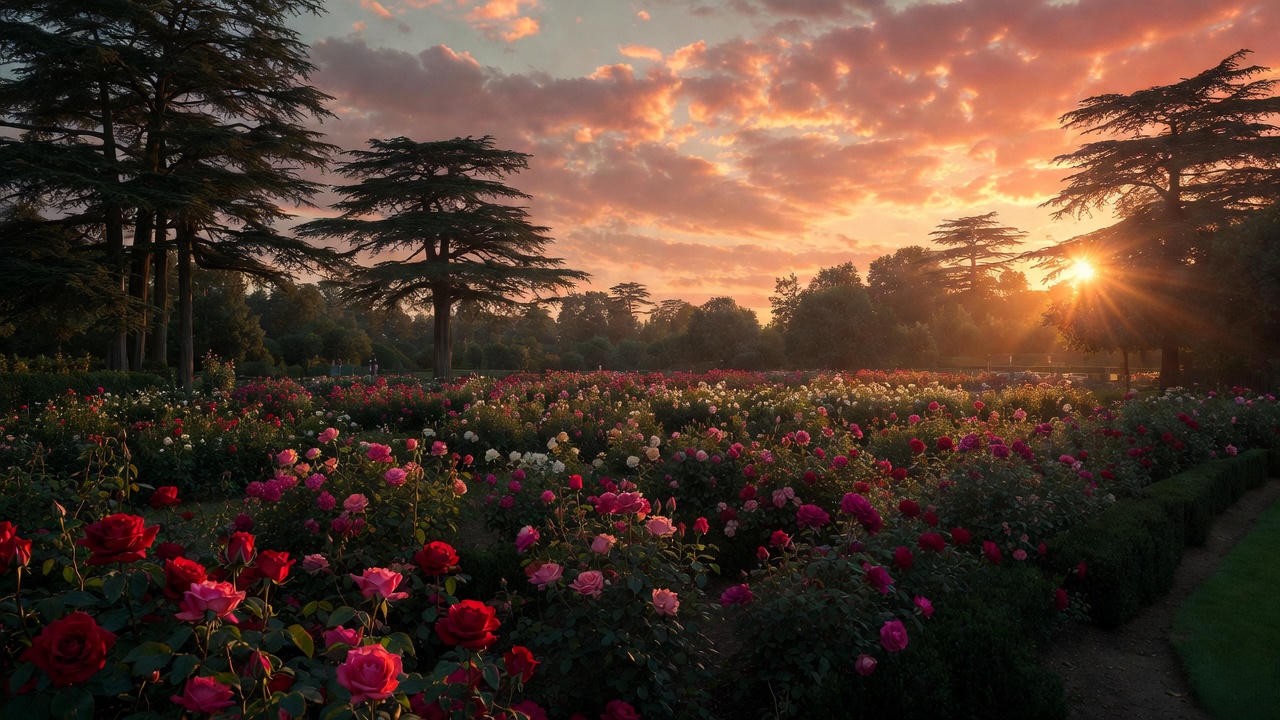 Sunset over a vast rose garden with cedar trees, representing beauty, thorns, and timeless love in Into the Rose Garden and Shakespeare