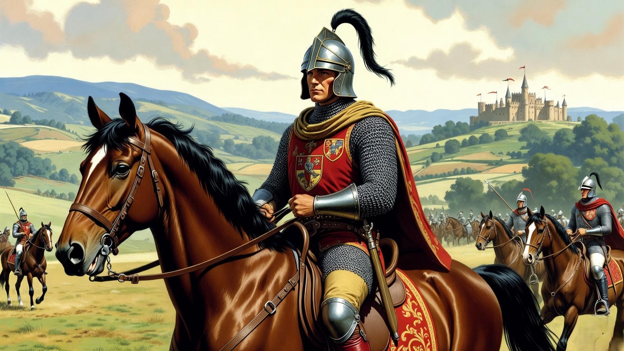 Classic Hal Foster Prince Valiant scene depicting Arthurian knights and Camelot