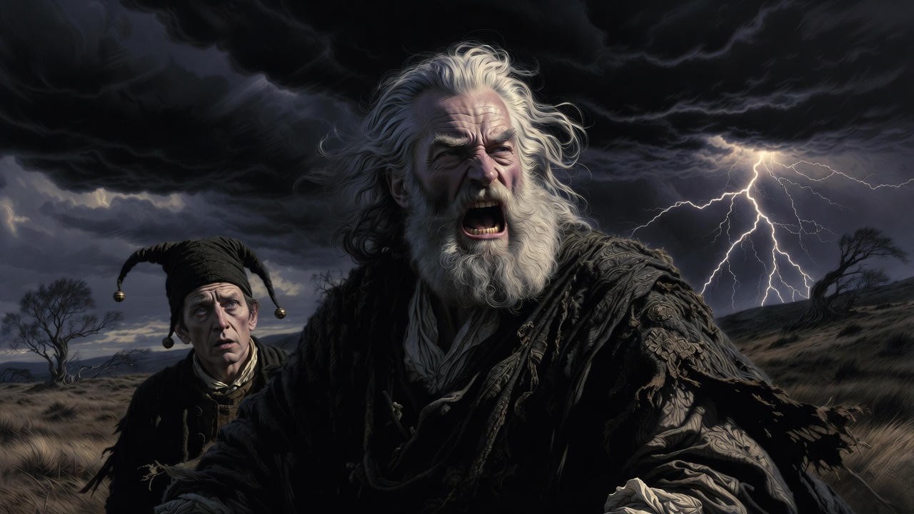 King Lear in the storm illustrating betrayal and madness in Shakespeare's play with Arthurian roots