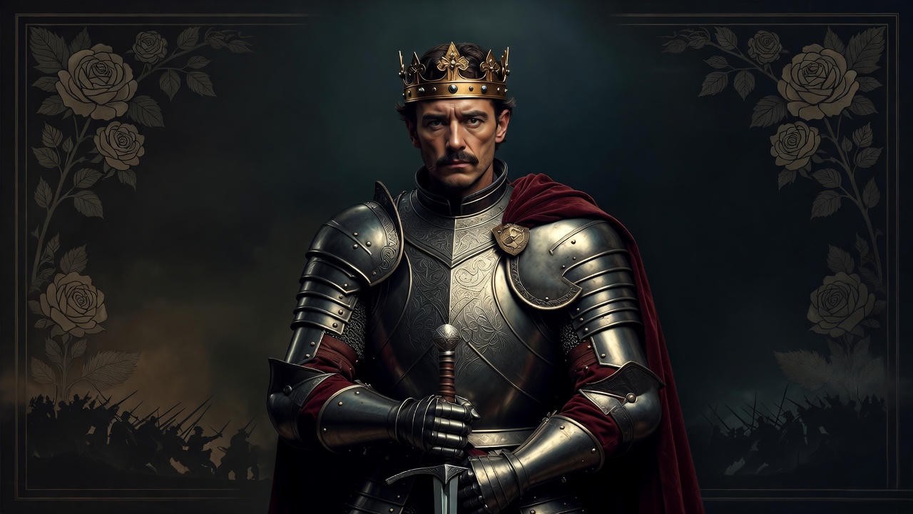 Cover-inspired depiction of Henry V from Dan Jones biography, medieval warrior king in armor.