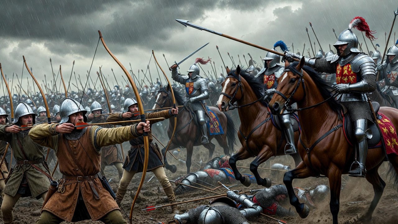 Battle of Agincourt 1415 with Henry V and English longbowmen victorious in mud.