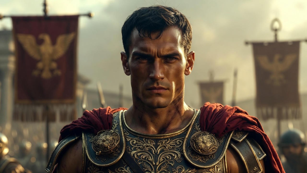 Mark Antony as Roman hero in armor from Shakespeare's Antony and Cleopatra