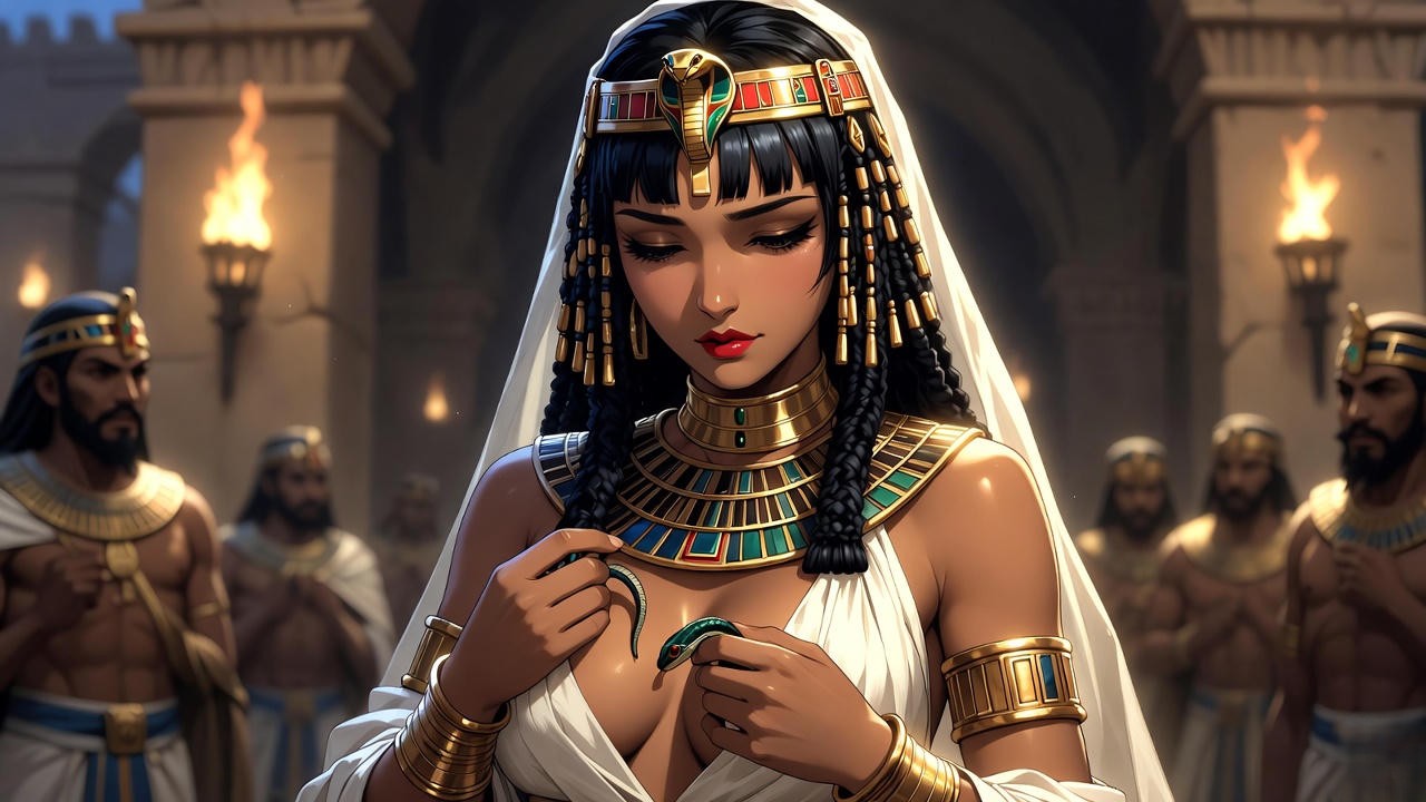 Cleopatra's tragic death scene with asp in Shakespeare's Antony and Cleopatra