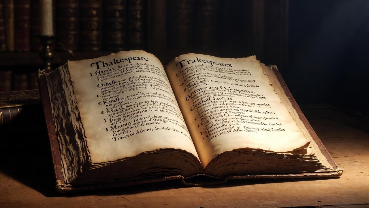 Open antique book displaying Shakespeare's First Folio tragedies section, illustrating the historical classification of Antony and Cleopatra as a tragedy.