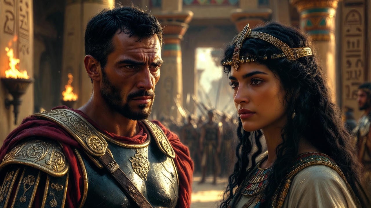 Mark Antony and Cleopatra as dual tragic heroes in Shakespeare's play, symbolizing passion and downfall in ancient setting.