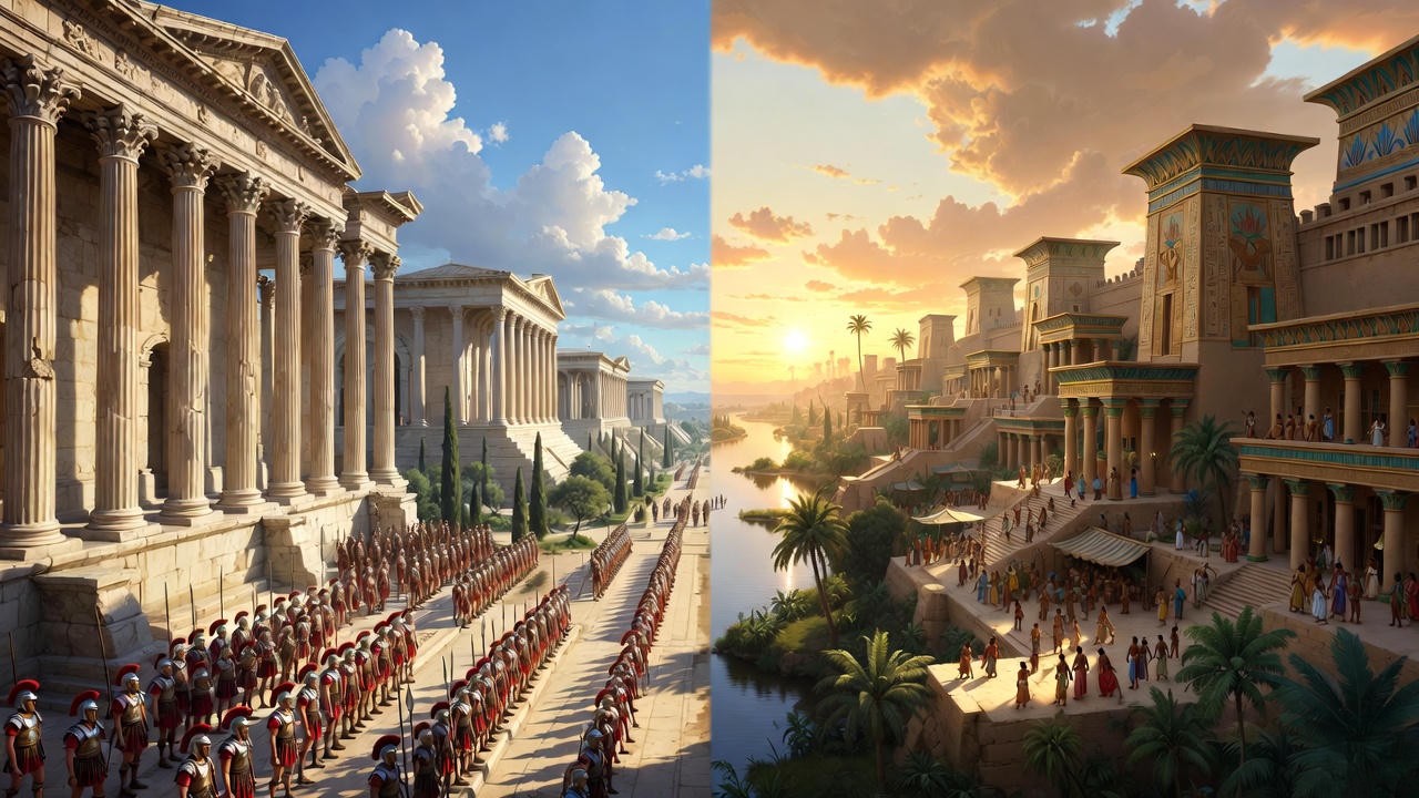 Symbolic contrast between ancient Rome and Egypt in Antony and Cleopatra, highlighting themes of love versus duty in Shakespeare's tragedy.