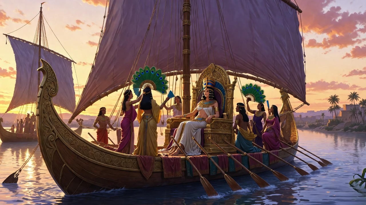 Cleopatra on her opulent golden barge on the Nile, iconic scene from Shakespeare's Antony and Cleopatra tragedy.