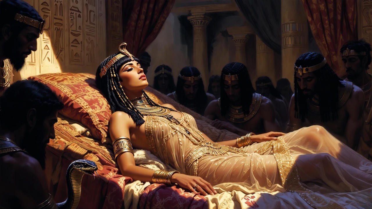 Tragic death scene of Cleopatra with asp in Shakespeare's Antony and Cleopatra, emphasizing noble transcendence.