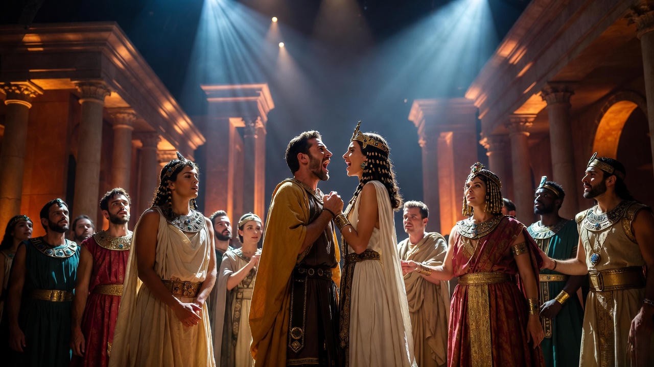 Modern theatrical stage production of Shakespeare's Antony and Cleopatra tragedy, highlighting enduring performance legacy.