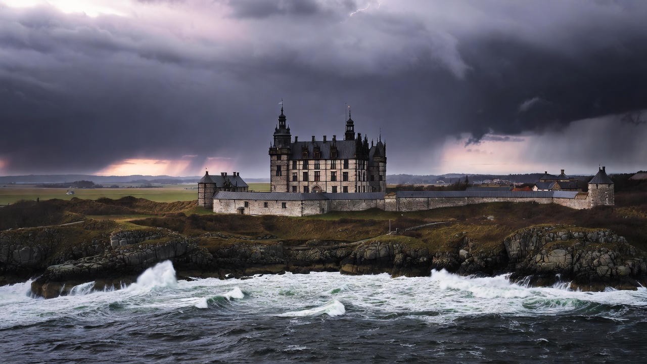 Kronborg Castle, real-life Elsinore from Shakespeare's Hamlet, under dramatic stormy skies