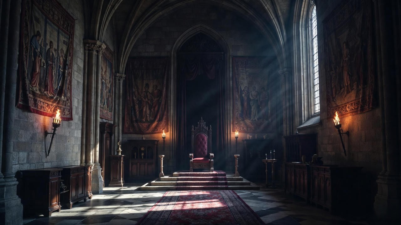 Dark medieval castle throne room interior representing corrupted Elsinore in Shakespeare's Hamlet