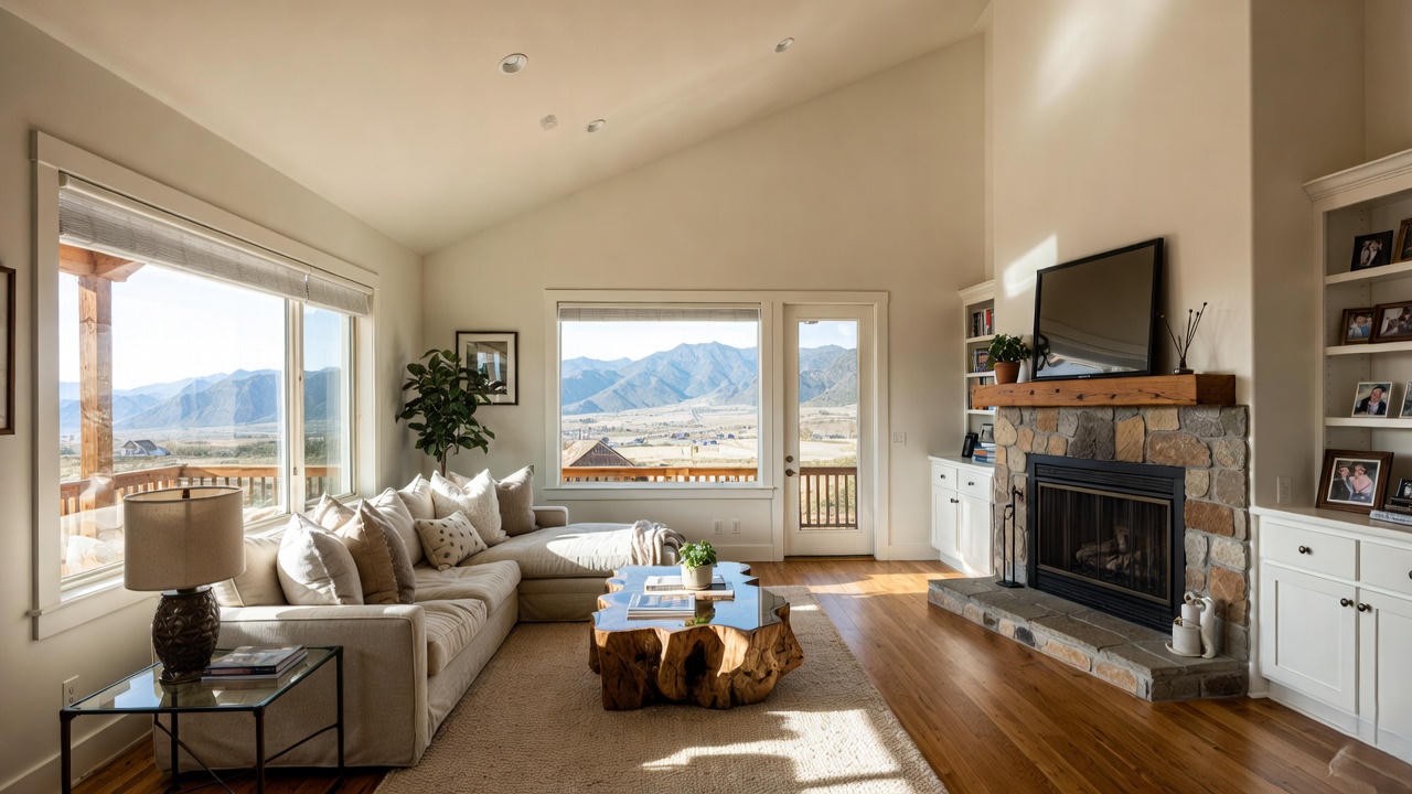 Cozy modern living room interior in a Hamlet Homes Utah sanctuary, contrasting Shakespeare's tragic home