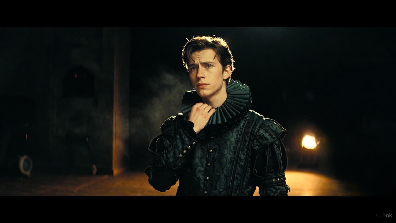 Prince Hamlet in contemplative pose on stage during "To be, or not to be" soliloquy from Shakespeare's Hamlet