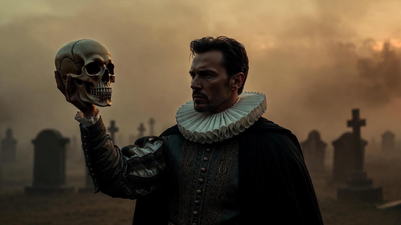 Hamlet holding Yorick's skull in graveyard scene, iconic memento mori moment from Shakespeare's play