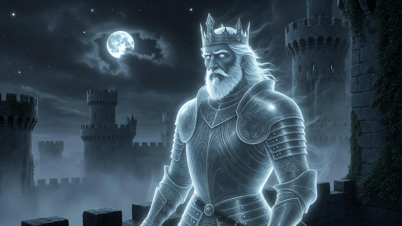 Ghost of King Hamlet appearing on battlements at night, supernatural scene from Shakespeare's Hamlet