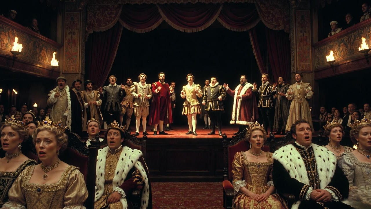 Play-within-a-play Mousetrap scene with royal audience watching in Shakespeare's Hamlet