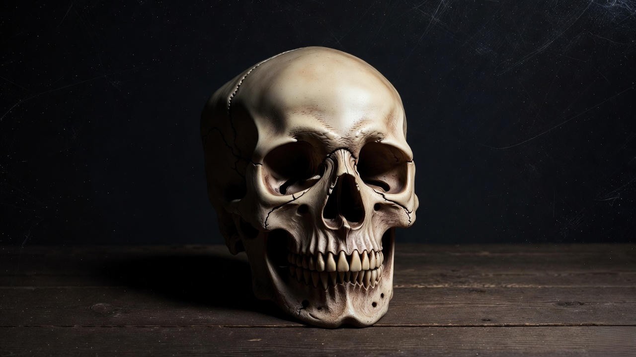 Dramatic human skull symbolizing mortality and memento mori themes in Shakespeare's Hamlet