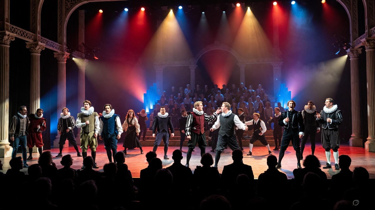 Modern theater production of Shakespeare's Hamlet on stage with actors in period costume