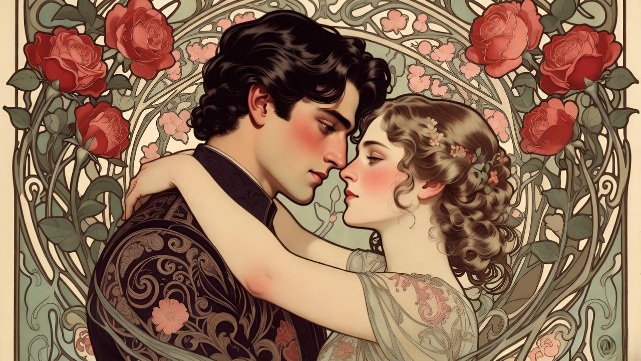 Vintage Art Nouveau Romeo and Juliet theater poster illustration with embracing lovers and blooming roses